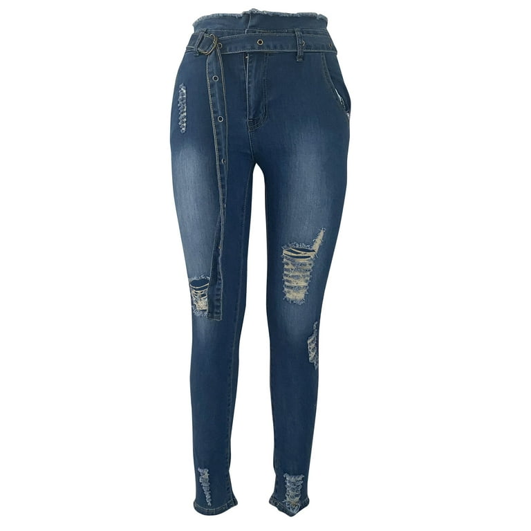 Kayannuo Pants for Women Jeans Fashion Christmas Clearance Women Slim Plus  Size Ripped Hole Gradient Long Jeans Denim Regular Pants Blue