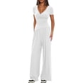 thumbnail image 3 of Womens V Neck Short Sleeve Top Wide Leg Pants Casual Comfortable Outfit Set Two Piece Light Gray [Short Sleeve] XS, 3 of 5