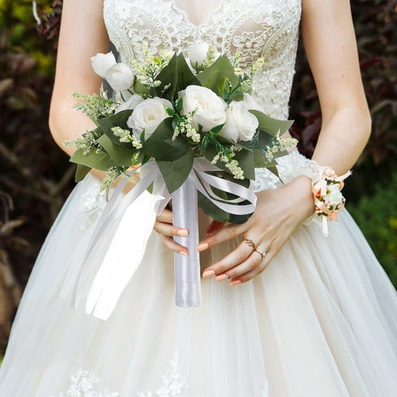 Silk Flower Bridal Bouquet with Ribbon for Wedding Ceremony Bridesmaids Home Decor 1-Piece