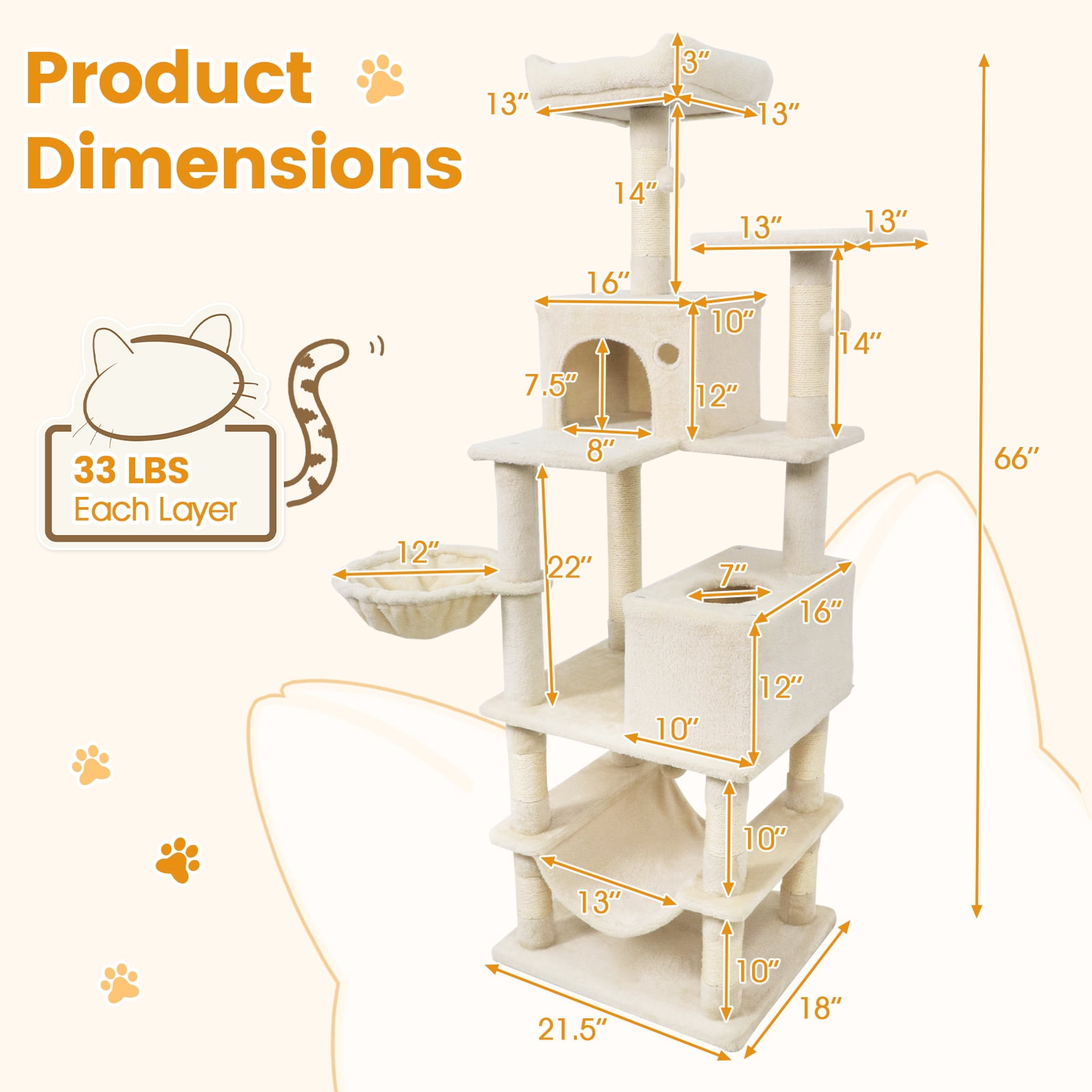 Gymax 66'' Tall Cat Tree w/2 Condos Sisal Scratching Posts Plush Perch Hammock Basket Beige