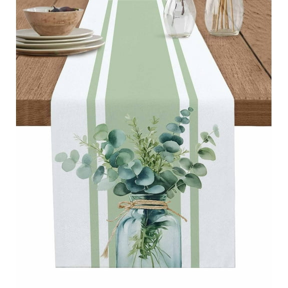 Sage Green Eucalyptus Leaves Table Runner Cotton Linen 108 Inch Holiday Dresser Scarves, Farmhouse Stripe Botanical Tablerunner for Kitchen Coffee Dining Bedroom Dinner Scarf Décor 13''x108''