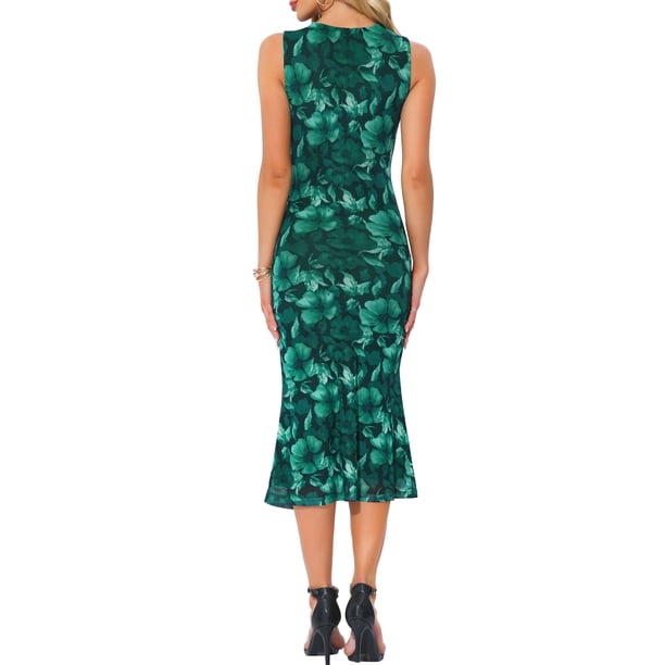 Inspire CHIC Mesh Floral Dress for Women's Sleeveless Crew Neck Cocktail Party Midi Dresses XL Dark Green, Blue