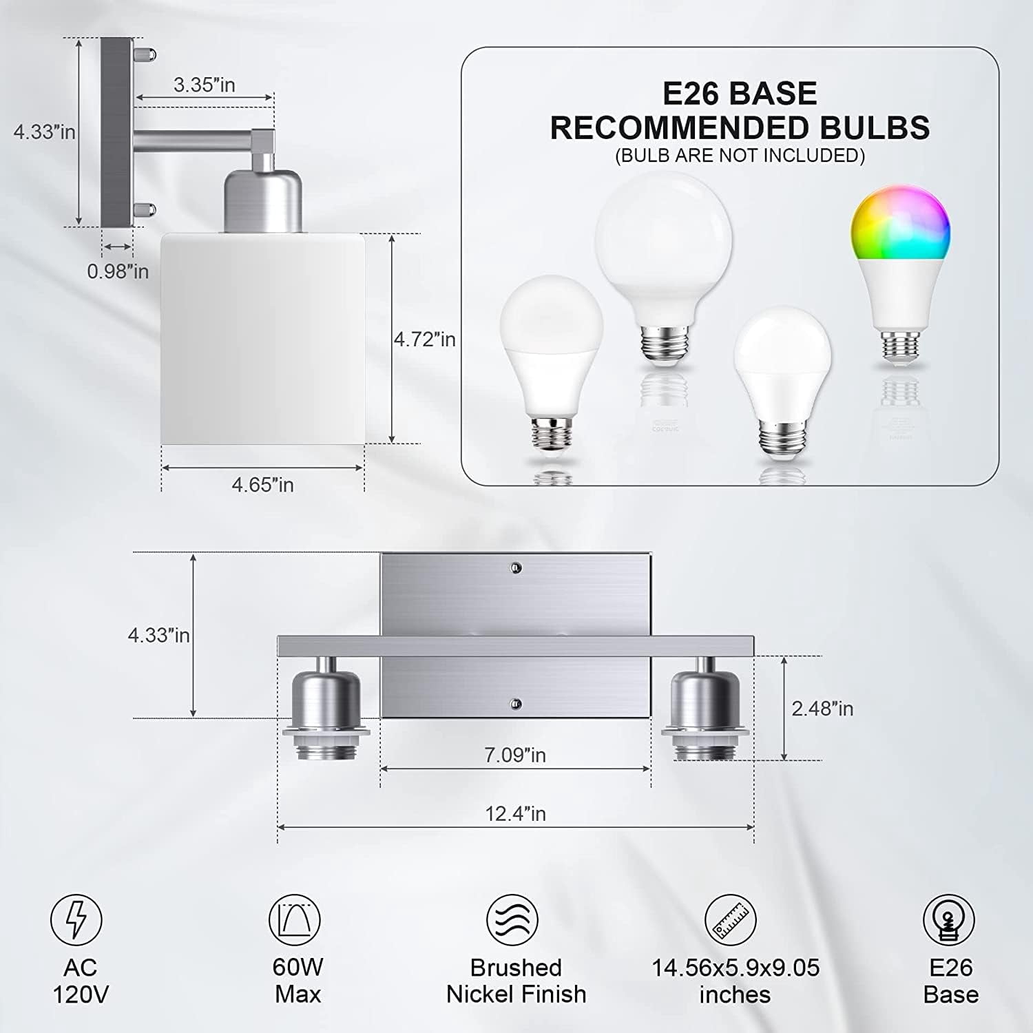 Hansang Bathroom Vanity Light Fixture Over Mirror with Brushed Nickel, Modern 2-Light Wall Sconces Lighting for Bedroom, Decor White Glass Shades,E26 Base Bathroom Light Fixtures