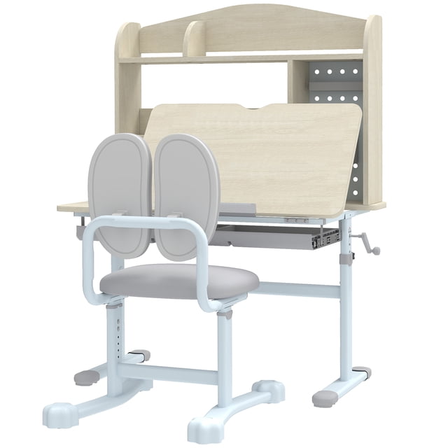Adjustable Study Desk & Chair Set for Ages 3-12, Grey MDF & Steel, Tilting Desktop, Ergonomic Support, Drawer & Shelves, 31.5"W Learning Area Workstation