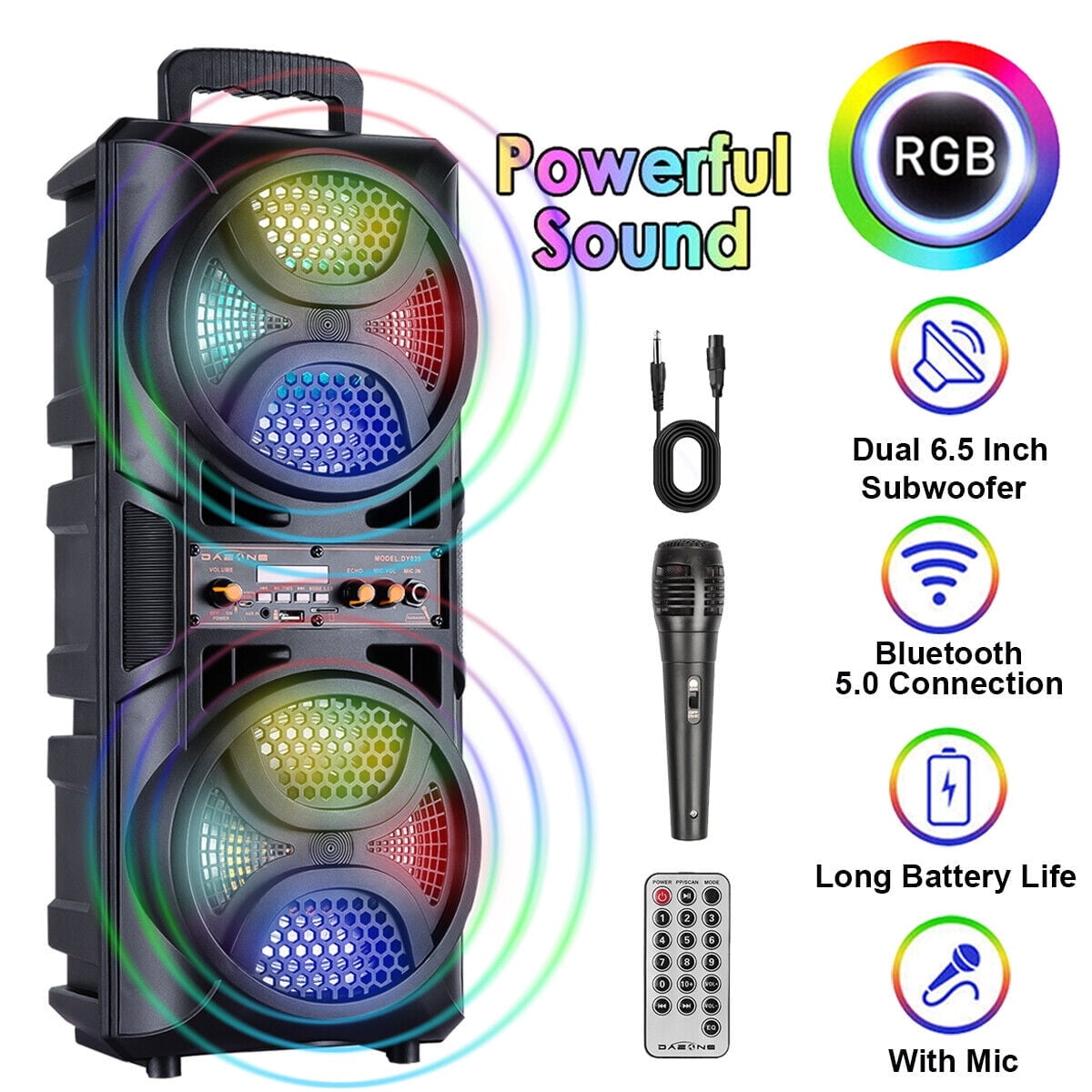 Portable Wireless Bluetooth Speaker PA Sound System Dual 6.5" Woofer Heavy Bass Speaker with Mic