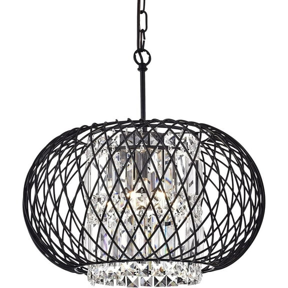 Edvivi Round Drum Crystal Chandelier, 3 Lights Glam Lighting Fixture with Antique Black Finish, Rectangular Crystals and Woven Shade, Entryway, Living, Dining, Bedroom