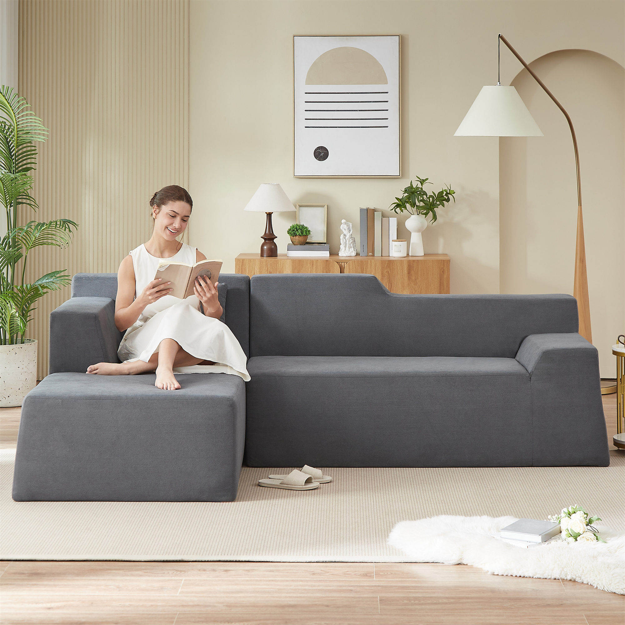 Aukfa 97" Cloud Sectional Sofa Trapezoid Boneless Couch Modular Sofa Bed for Living Room, Left Chaise, Gray