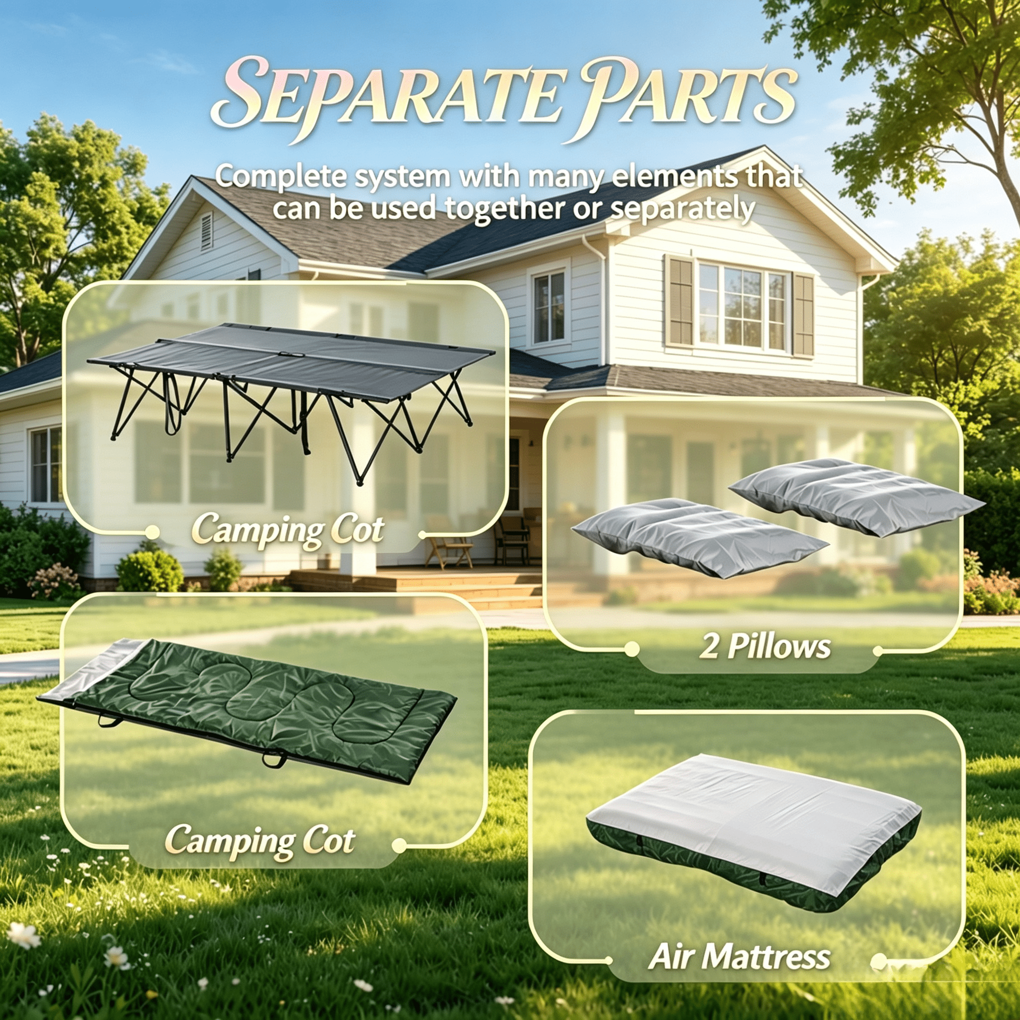 2 Person Foldable Outdoor Camping Cot Set, Multifunctional Portable Elevated Tent Cot with Inflatable Air Mattress, Sleeping Bag, Pillows & Carry Bag, for Outdoor Camping Travel