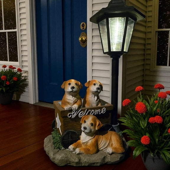 Welcome Sign Dog Statue with Solar Light – Garden Decor & Unique Gift for Women, Mom