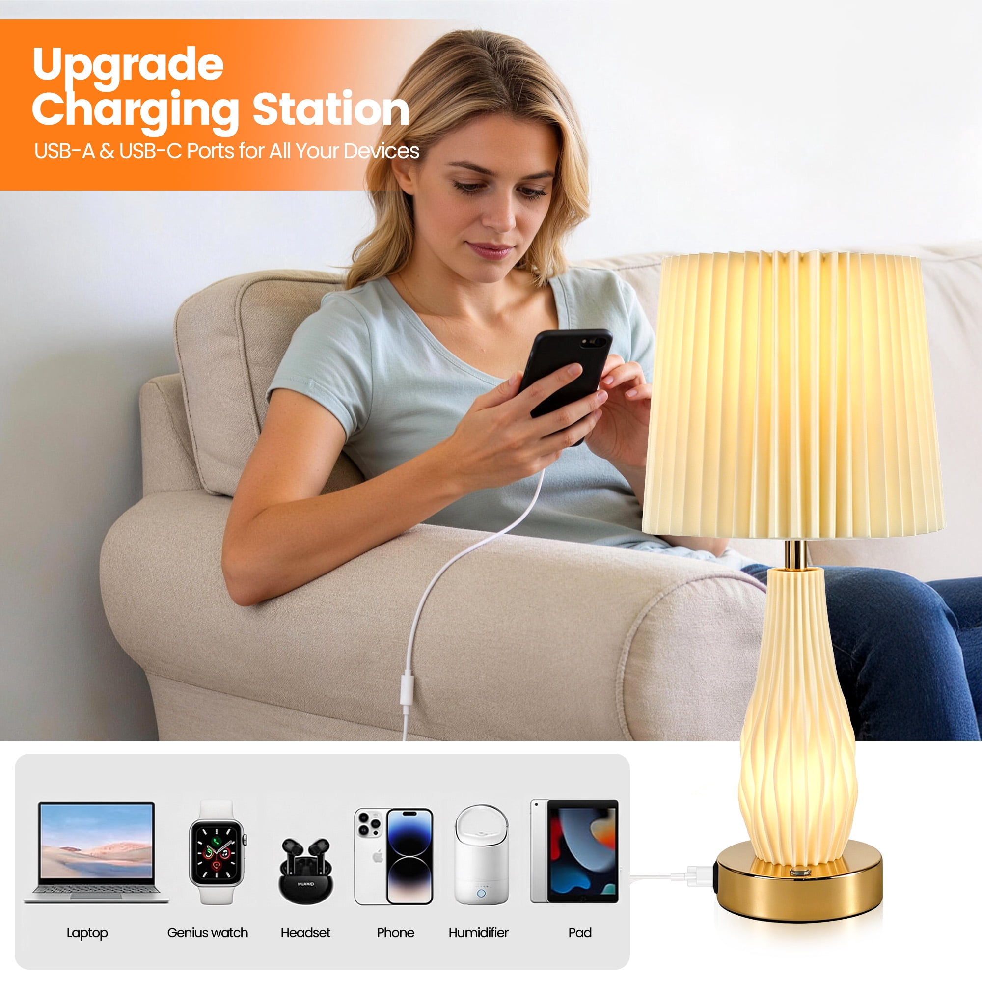 HadinEEon 18.5" Table Lamp Set of 2, Beside Lamp with USB A&C Ports and Night Light, Touch Control 3 Way Dimmable, for Living Room Bedroom Office