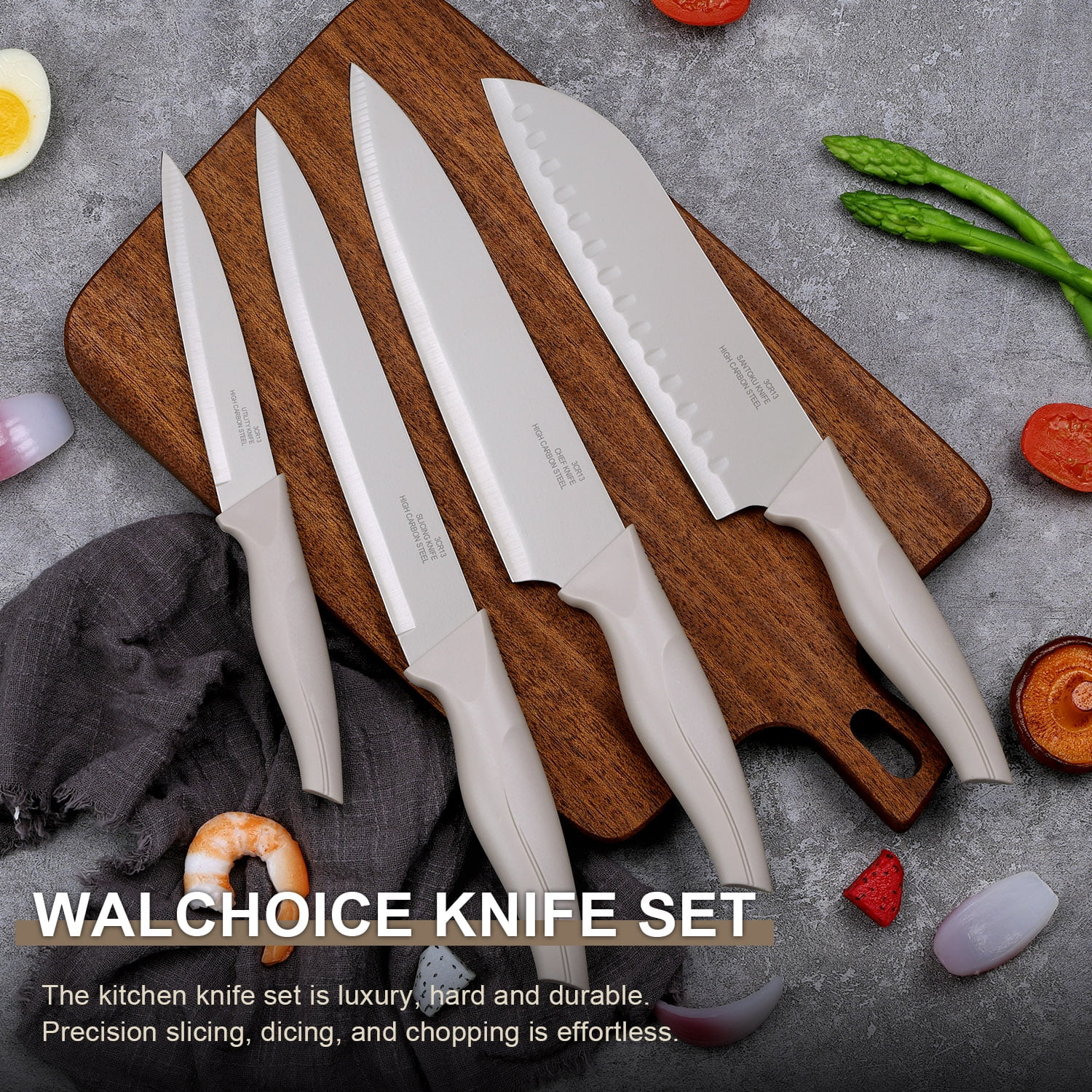 Walchoice 15 Pieces Knife Set with Block, High Carbon Stainless Steel Kitchen Knife Set with Sharpener, Rust Resistant & Dishwasher Safe - Khaki