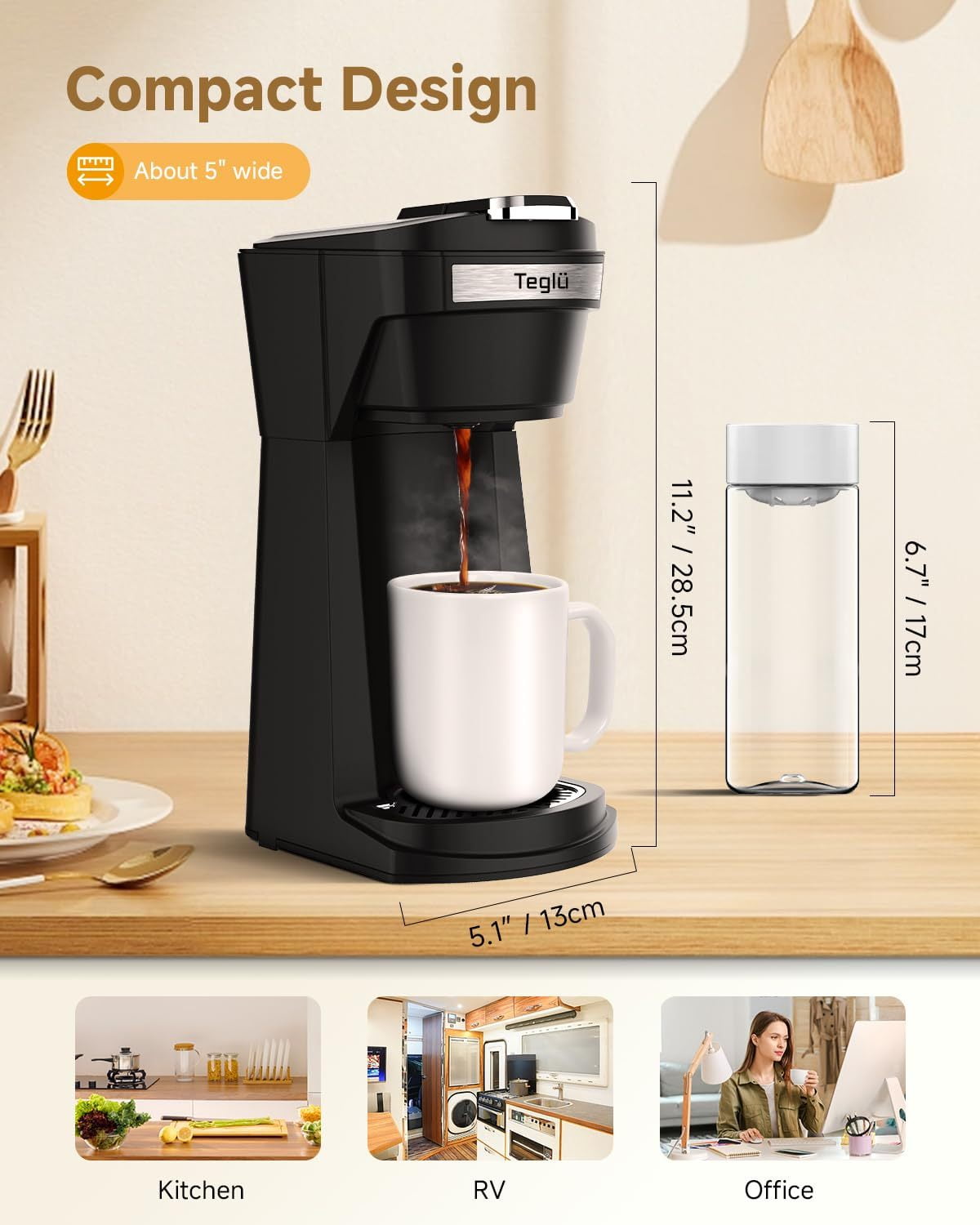 Single Serve Coffee Maker for K Cup Pod & Ground Coffee 2 in 1, K Cup Coffee Machine 14 oz Brew Size, Mini Single Cup Coffee Pod Fast Brew, Reusable Filter, Black