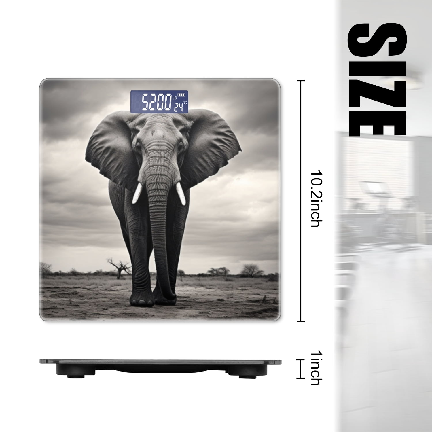 High Precision Body Weight Scale Smart Bathroom Scales with Large LCD Display(400lbs),Decorative for Bedroom-Black And White Elephant Stands On The Prairie