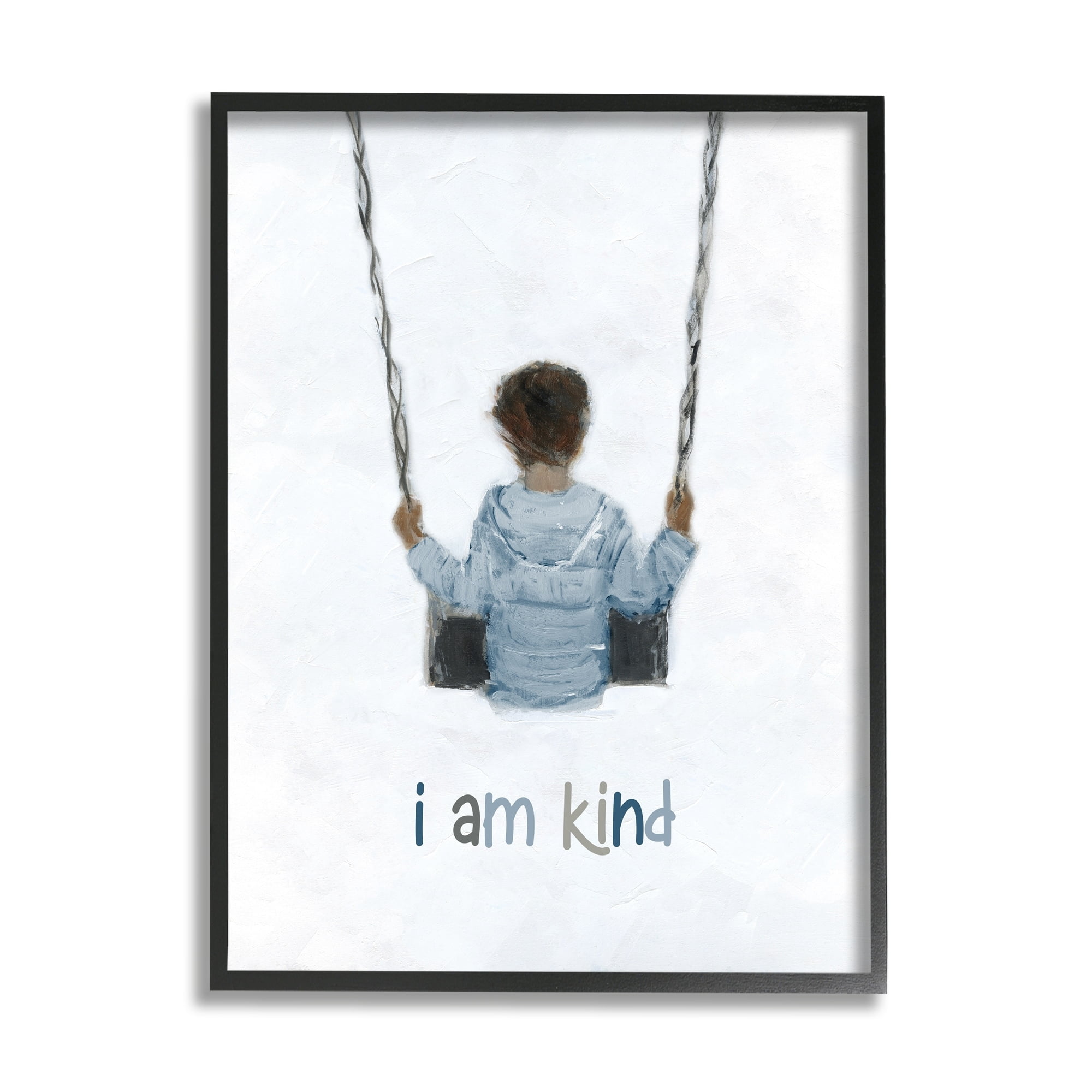 Stupell Industries I am Kind Motivational Child Playing on Swing Graphic Art Black Framed Art Print Wall Art, Design by Sally Swatland