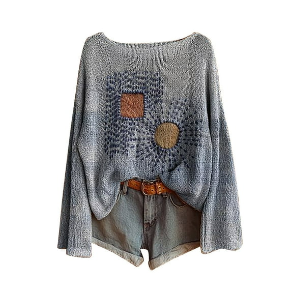 Bovemsi Sweaters for Women Cozy Women's Art Print Casual Pullover Sweater Knitted Fashion Long Sleeve Crewneck Blouse Winter Top Fall Sweaters