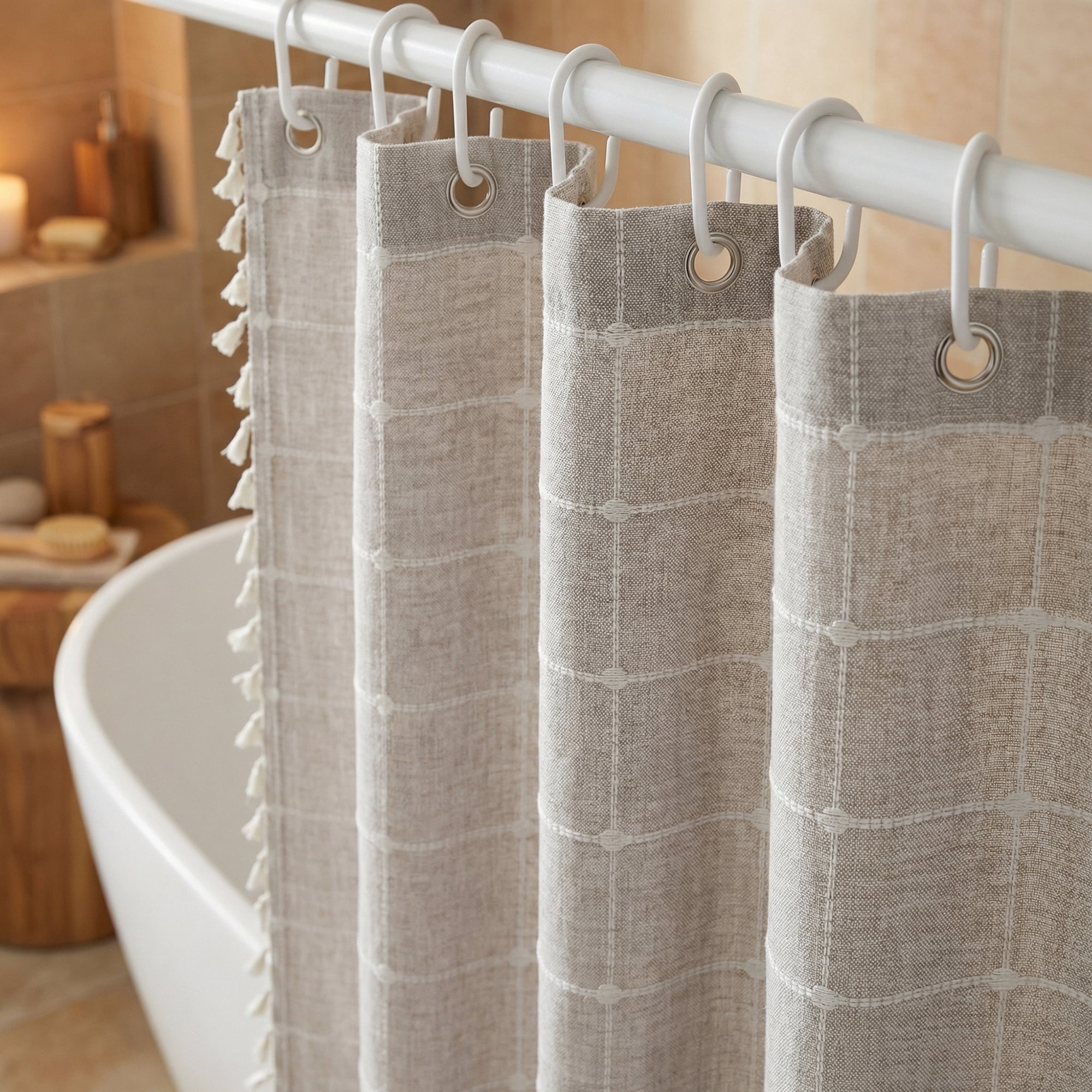 Unique Bargains Boho Plaid Blend Shower Curtain Sets with Hooks Grey 72"W x 72"L