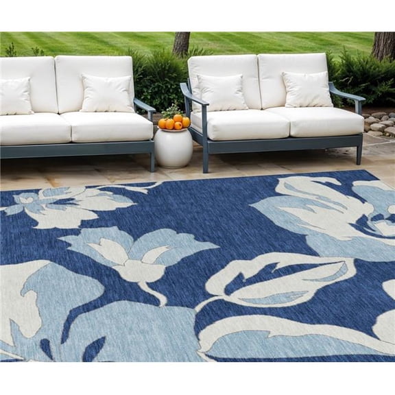HomeRoots 589558 9 x 12 ft. Floral Washable Indoor & Outdoor Rectangle Area Rug, Navy Blue, Denim Blue & Ivory