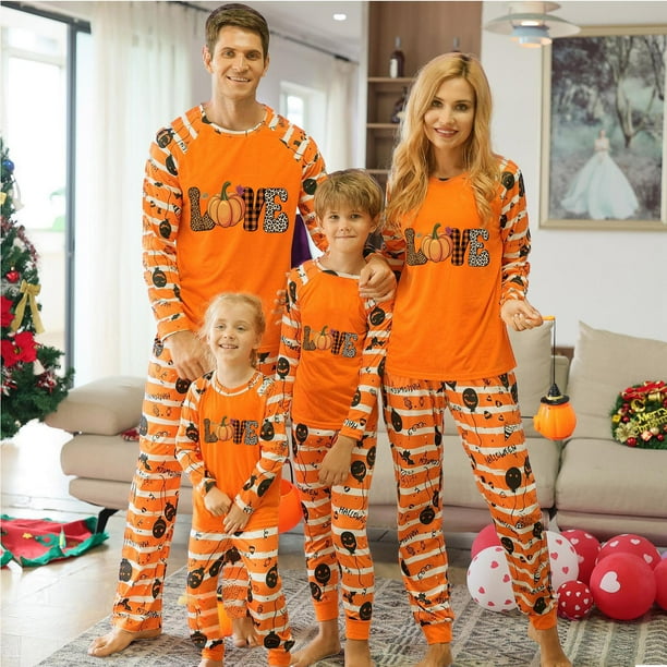 EQWLJWE Halloween Matching Family Pajamas Happy Love Letter Print