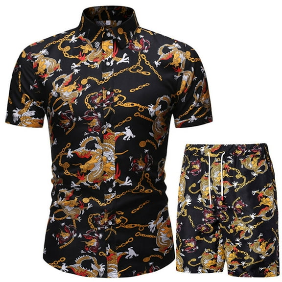 Summer Savings Clearance Stamzod Mens outfit Set Short Sleeve Shirts And Shorts 2 Piece Retro Print Short Set Slim Button Up Hawaiian Shirt Suits