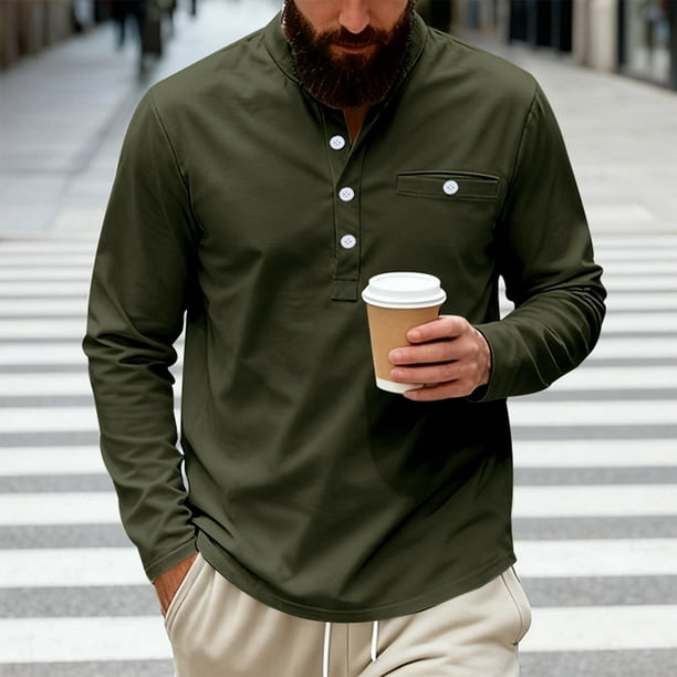 pstuiky camisa de manga larga para hombre, Camisa informal de sarga de color liso con cuello alto y bolsillos abotonados para hombre Tops casuales para hombres m
