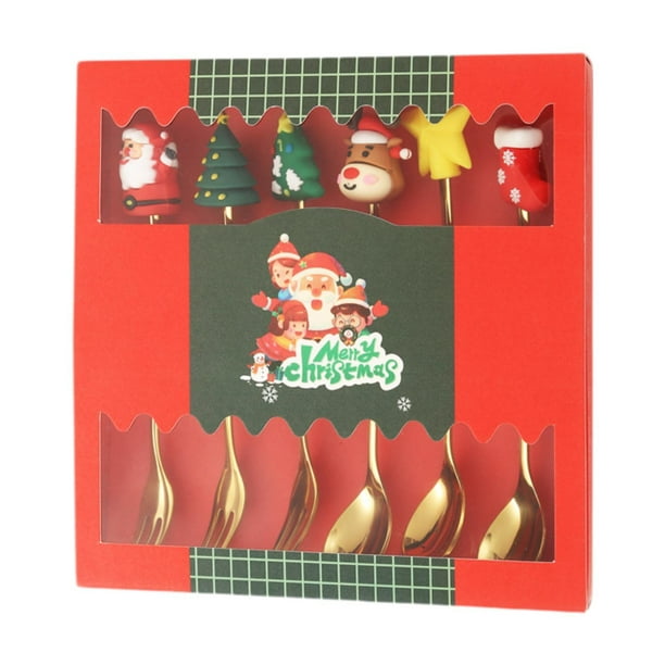 Juego de cuchara y tenedor navideños, cubiertos para café, postre, leche, cucharas de acero inoxidable Caja roja dorada