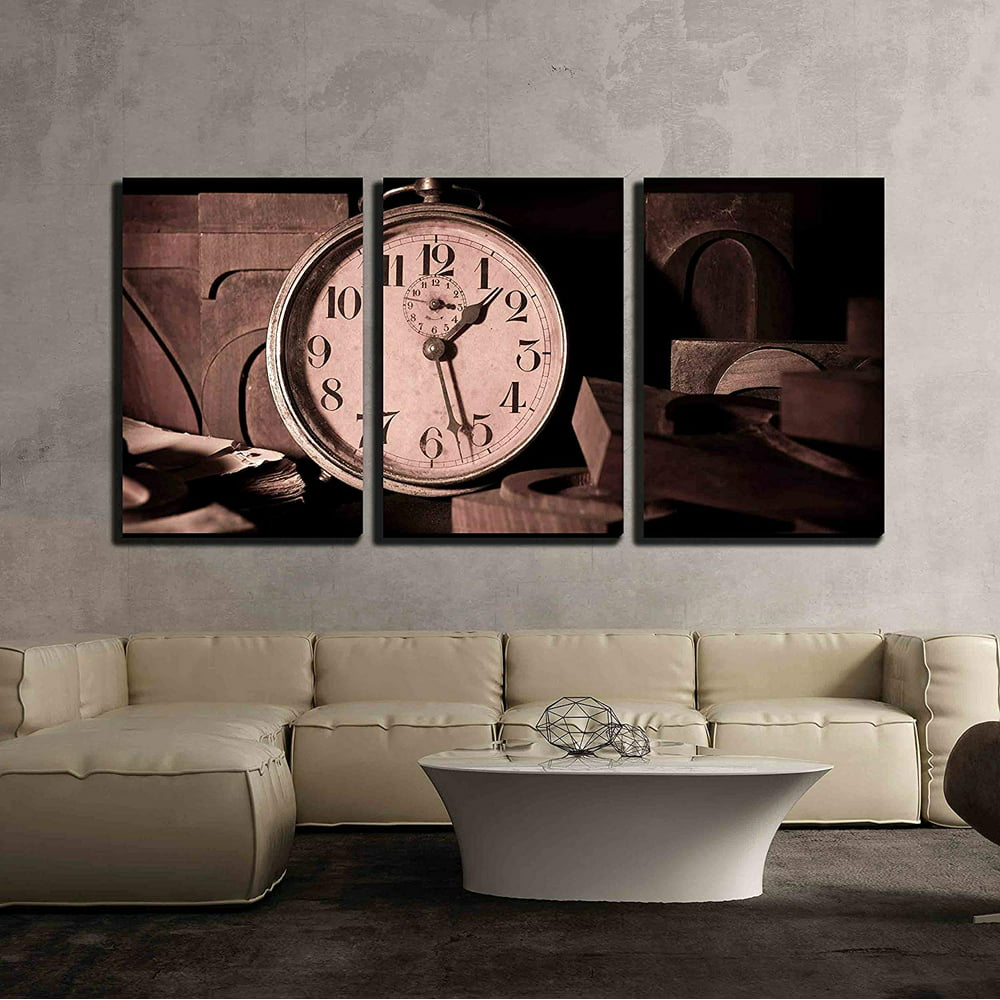 Wall26 3 Piece Canvas Wall Art - Old Clock in a Printing - Modern Home ...