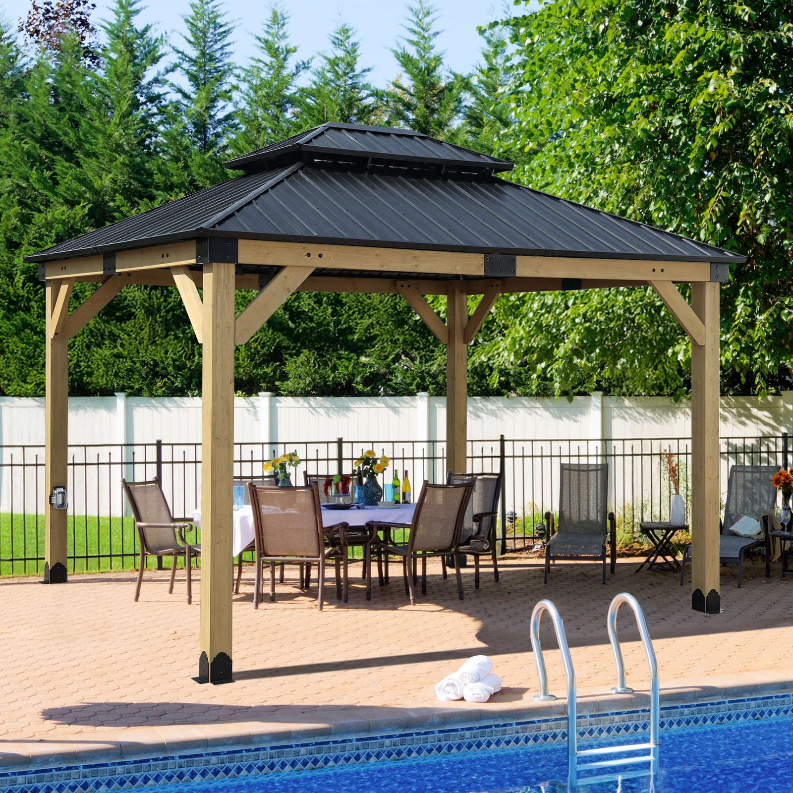 Aoodor 10 x 12 ft Wooden Frame Gazebo with 2-Tier Galvanized Metal Hardtop Roof, Outdoor Patio Gazebo with Charging Socket for Patio, Backyard, Deck, and Lawn