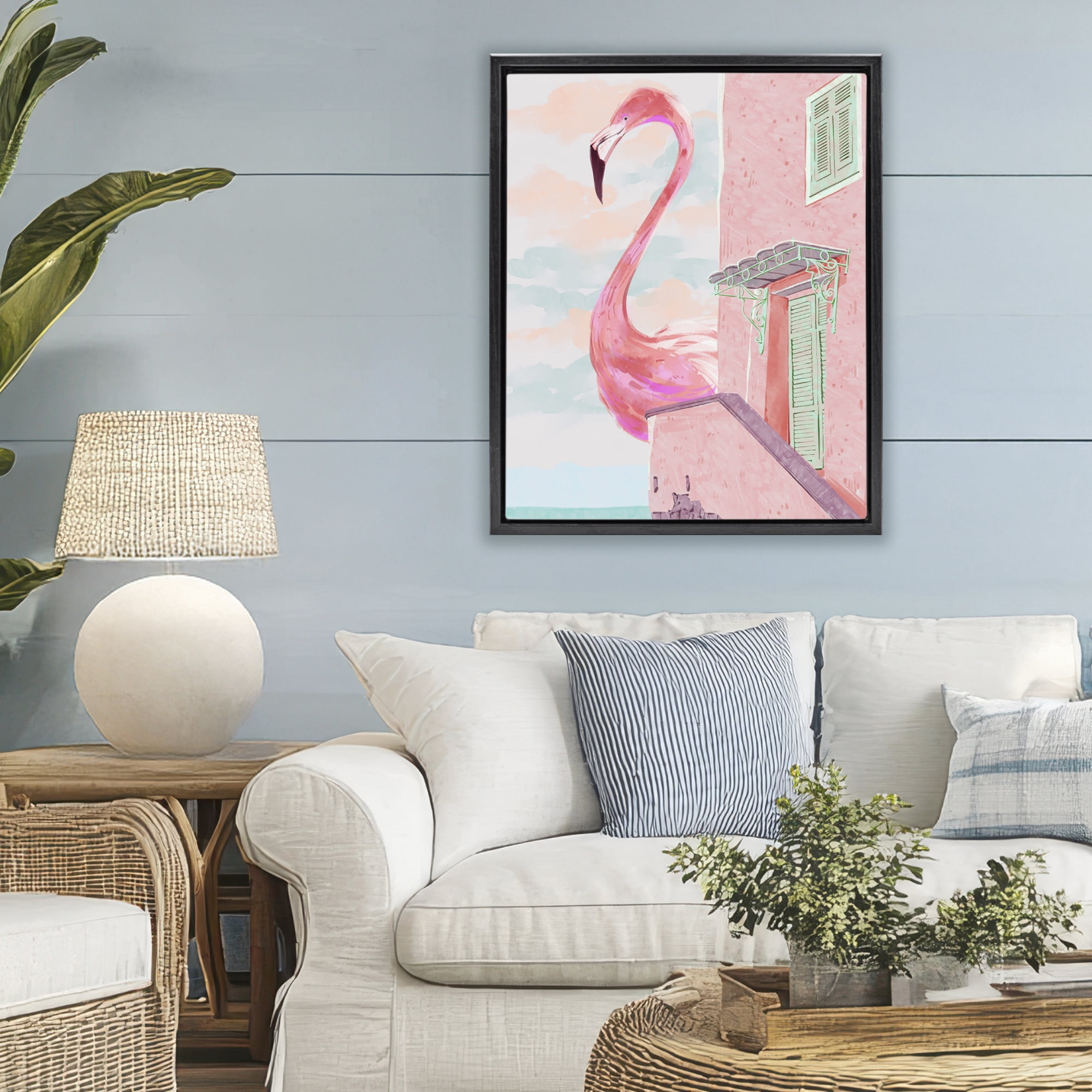 Stupell Industries Giant Flamingo with Seaside Balcony Black Framed Floater Canvas Wall Art, design by Ziwei Li