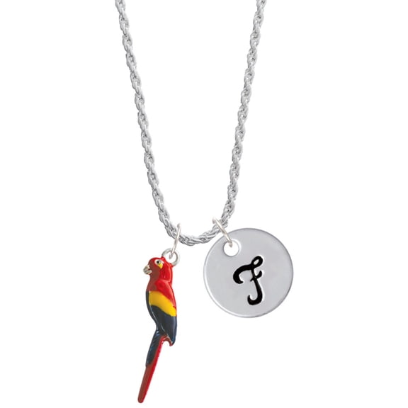 Delight Jewelry Silvertone 3-D Enamel Parrot Silvertone Script Initial Disc - F - Charm Necklace, 20"+3"