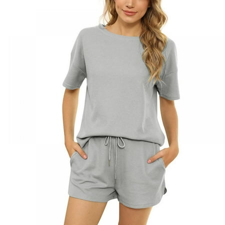 

Monfince Womens Pajama Sets Waffle 2 Piece Sleepwear Loungewear Short Sleeve Top and Shorts with Pockets Lounge Pj Set