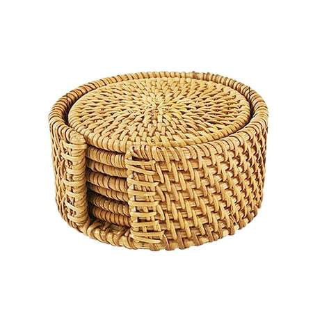 

Natural Rattan Hand Woven Round Placemat Drink Coasters Cup Place Mat Inlcuding Coaster Holder Basket 8cm
