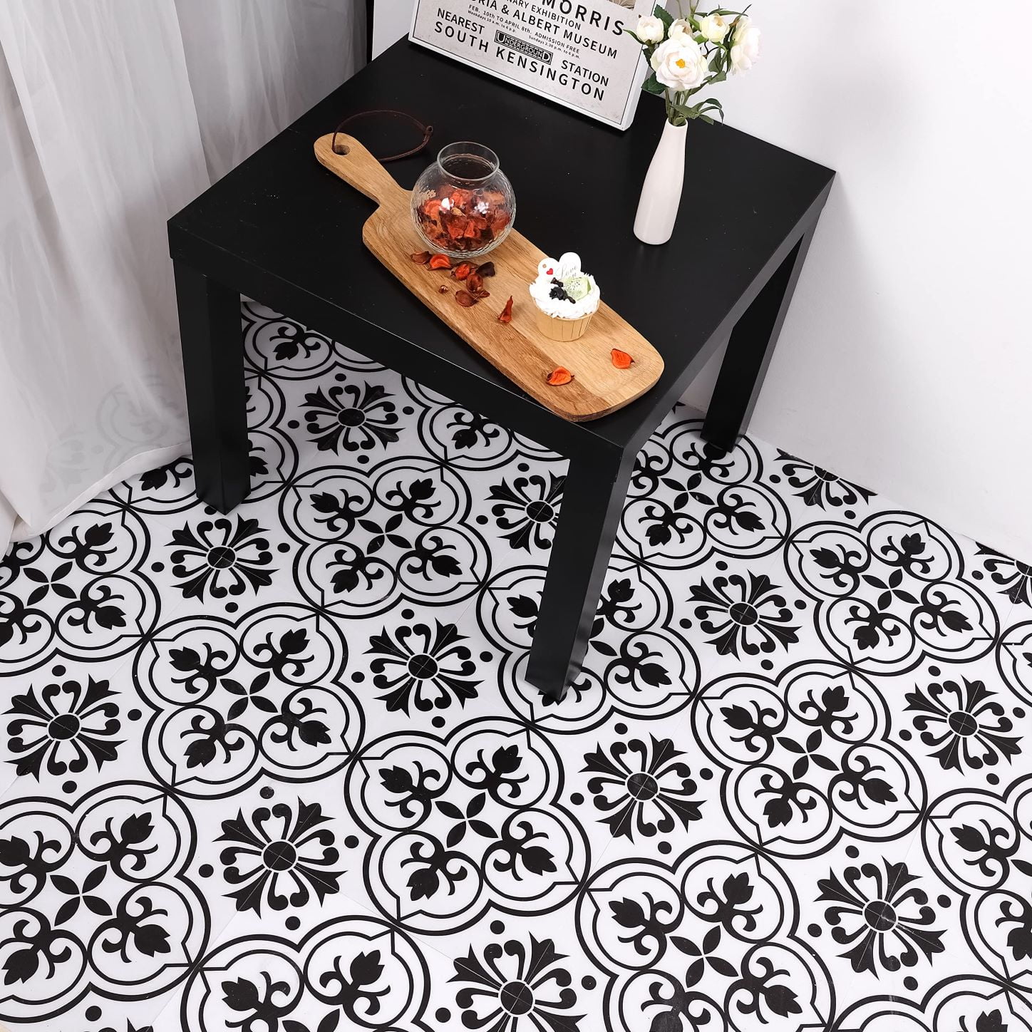 (3 pack) Abyssaly Peel and Stick Floor Tile 11.8" x 11.8" 10 Pcs Black and White Flower Floor Vinyl Flooring Waterproof DIY Flooring for Bathroom, Kitchen, Bedroom, Living Room