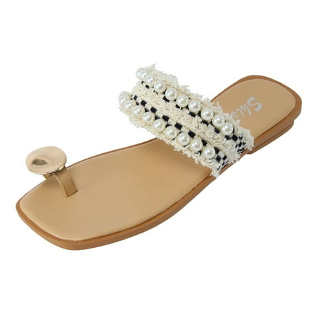 

A0624 slipper for Women Fashion Summer Women Slippers Thong Pearl Strap Metal Flat Casual Style Beach Shoes PU