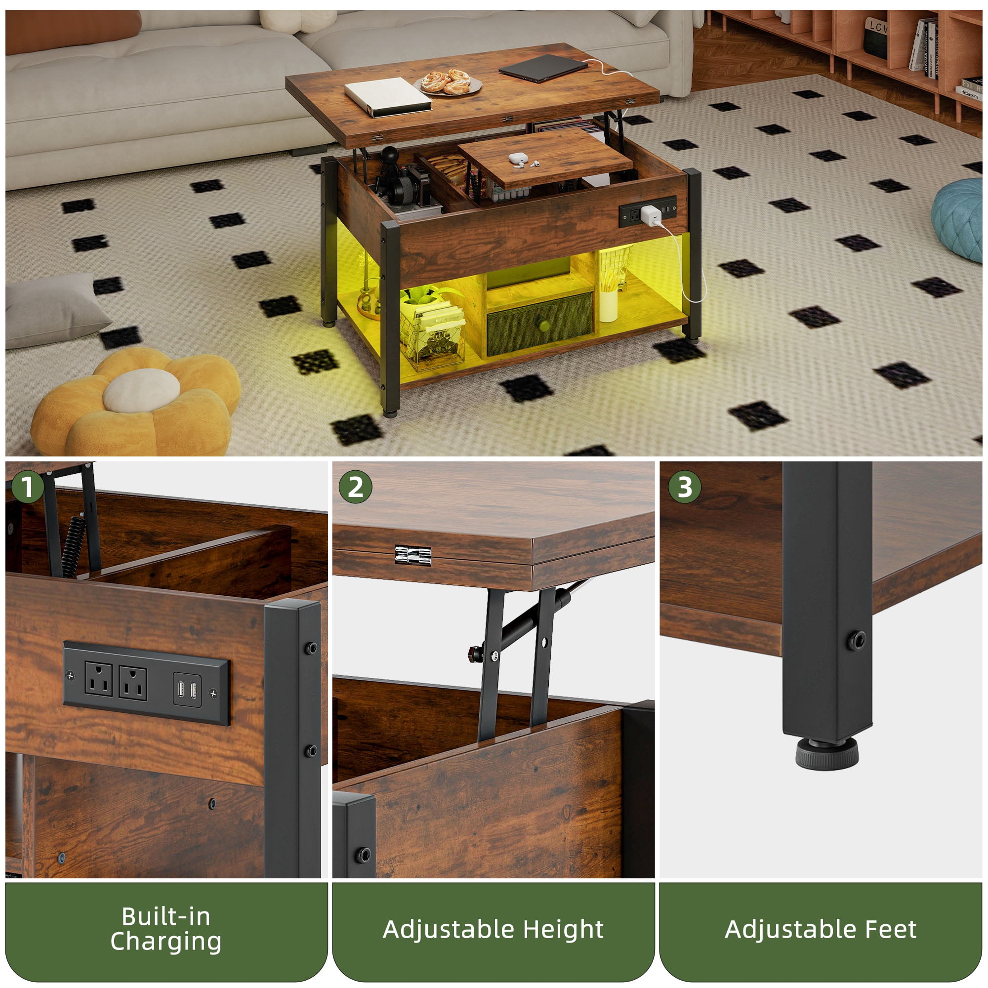 Uforic 4-in-1 Lift Top Coffee Table with RGB Light, Storage, Power Outlets, Dual Tops, Brown