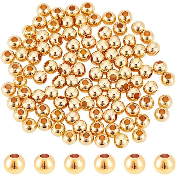 100Pcs Round Spacer Beads 4mm 14K Gold Plated Beads Brass Loose Beads Mental Tiny Beads Mini Smooth Beads Rondelle Loose Spacer Beads Bracelet Beads for Jewelry Making Hole: 1.5mm