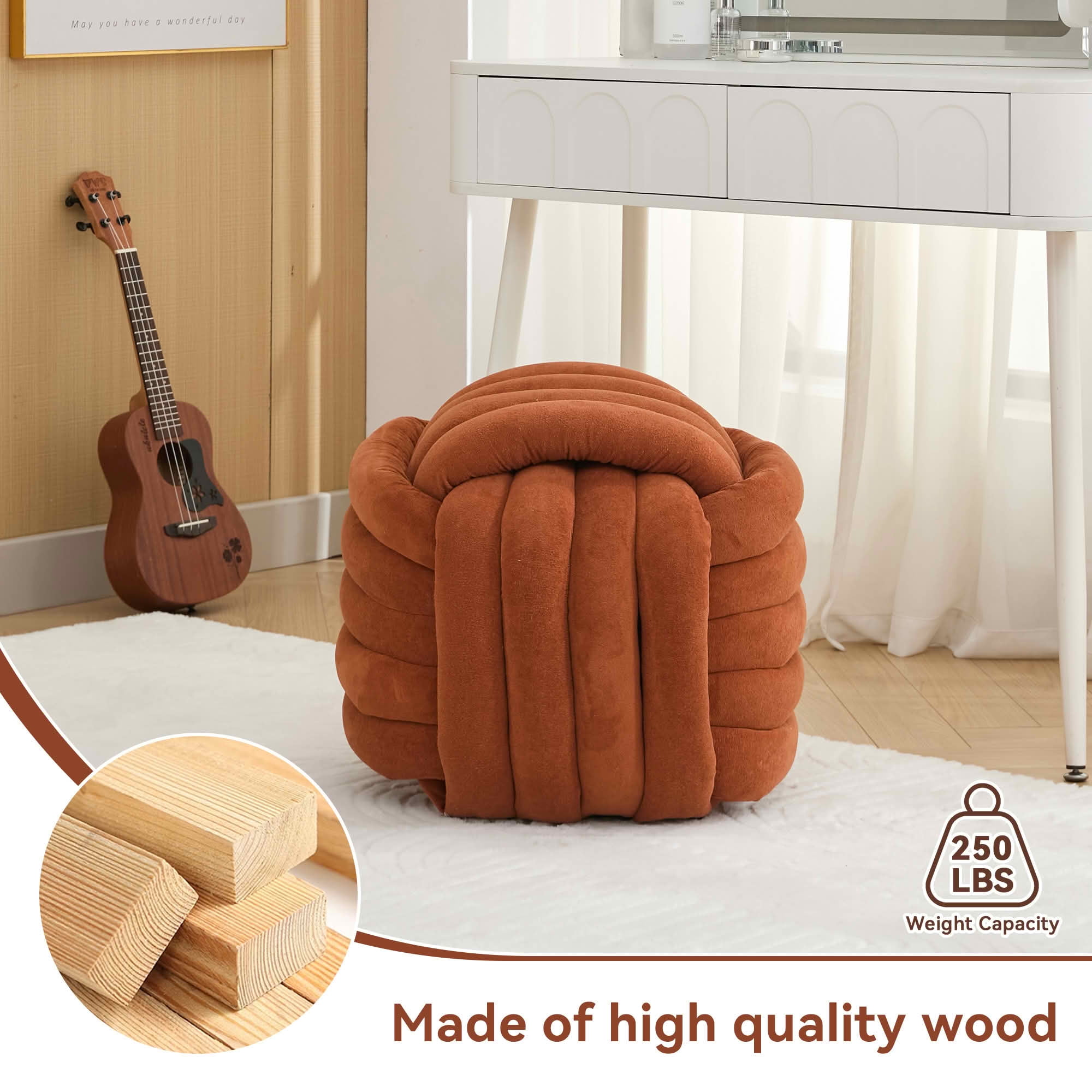 MAYEERTY Chenille Fabric Modern Knot Design Ottoman Makeup Stool Footstool, Comfortable Stylish Seat for Living Room & Bedroom, Orange