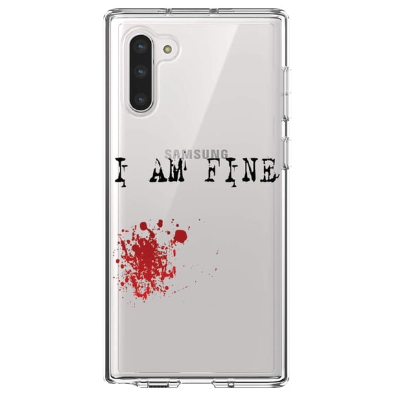 DistinctInk Clear Shockproof Hybrid Case for Samsung Galaxy Note 10 (6.3" Screen) - TPU Bumper Acrylic Back Tempered Glass Screen Protector - I Am Fine - Blood Splatter