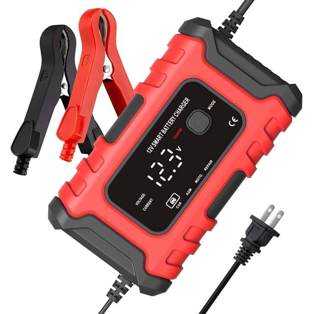 Mistaha Chargeur de Batterie 12V6A pour Voitures et Motos - Chargeur de Réparation Numérique avec Protection de Polarité, Prise US, Couleur Rouge - Chargeur Intelligent pour l'Entretien de la Batterie
