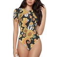 thumbnail image 2 of Uemuo Mushrooms Honeycomb Pattern Women's One Piece Short Sleeve Swimsuit Rash Guard Surfing Modest Quick-drying Swimsuit Beach Essentials-, 2 of 9