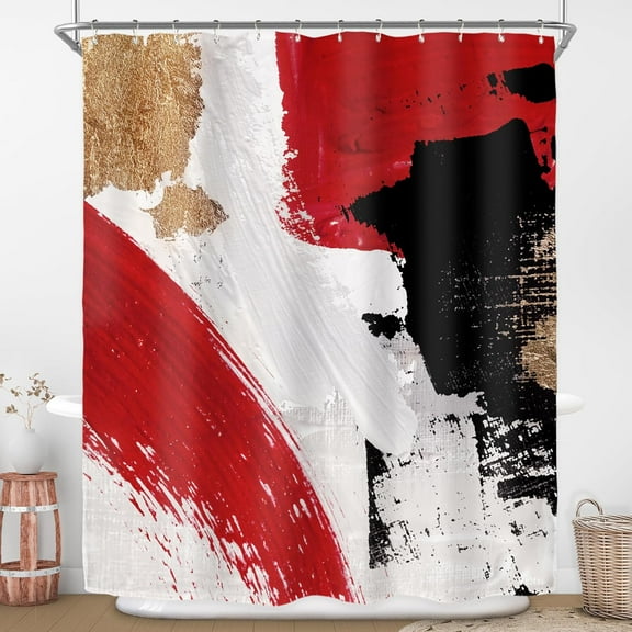 Red Black Shower Curtain for Bathroom Decor 84Wx72H Abstract Modern Minimalist Aesthetic Oil Painting Simple Neutral Gold White Art Printed Fabric Polyester Waterproof 12 Pack Plastic Hooks