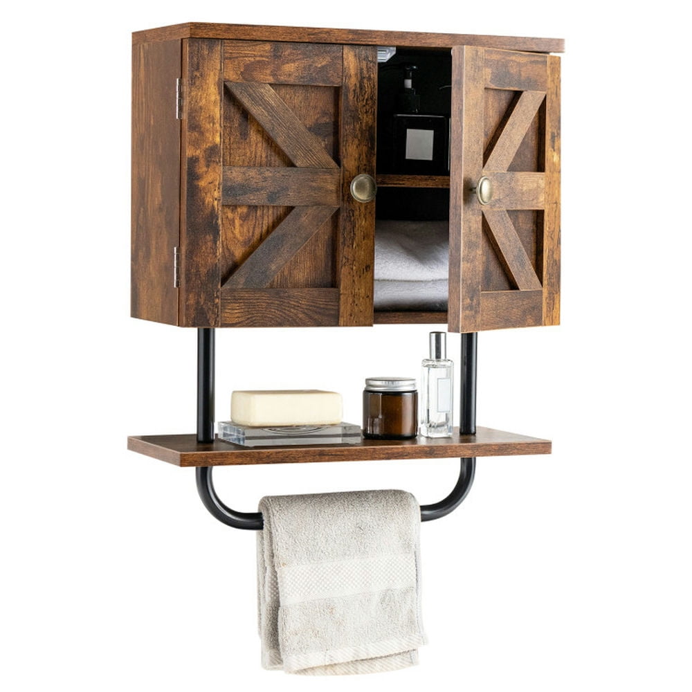 Finihen Bathroom Wall Cabinet, Wall Mounted Bathroom Cabinet, Medicine Cabinet, 2-Door Bathroom Wall-Mounted Medicine Cabinet with Open Shelf and Towel Rack, for Bathroom, Rustic Brown Finihen Bathroom Wall Cabinet, Wall Mounted Bathroom Cabinet, Medicine Cabinet, 2-Door Bathroom Wall-Mounted Medicine Cabinet with Open Shelf and Towel Rack, for Bathroom, Rustic Brown