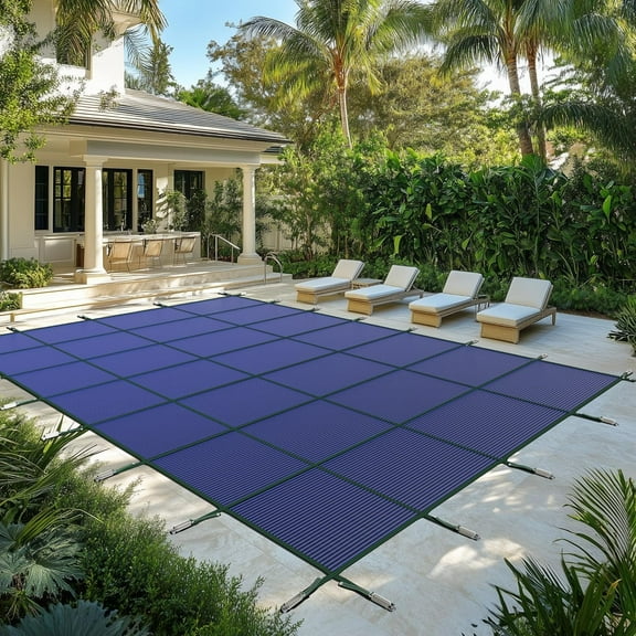 ColourTree 16' x 32' Inground Pool Safety Cover - Rectangle Blue High Strength Mesh, Triple Stitched & Rain Permeability, Installation Hardware Included, Life Time Warranty (We Make Custom Size)