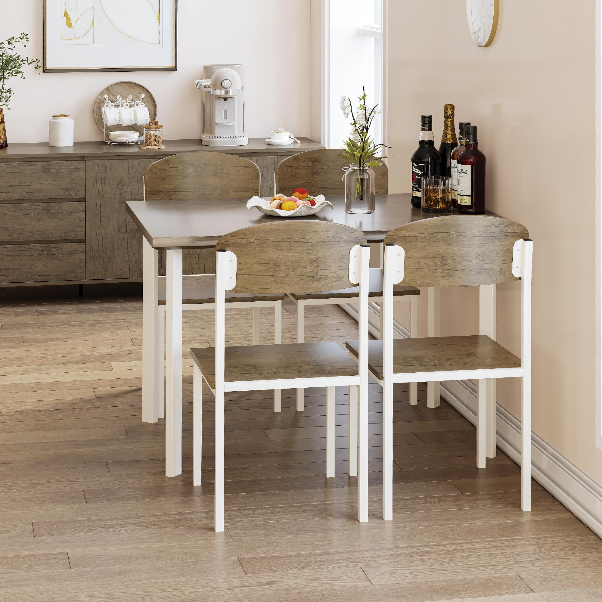 Dextrus 5 Piece Dining Set, Modern Wood Metal 42" Rectangular Table and 4 Chairs,Kitchen Breakfast Furniture-Brown