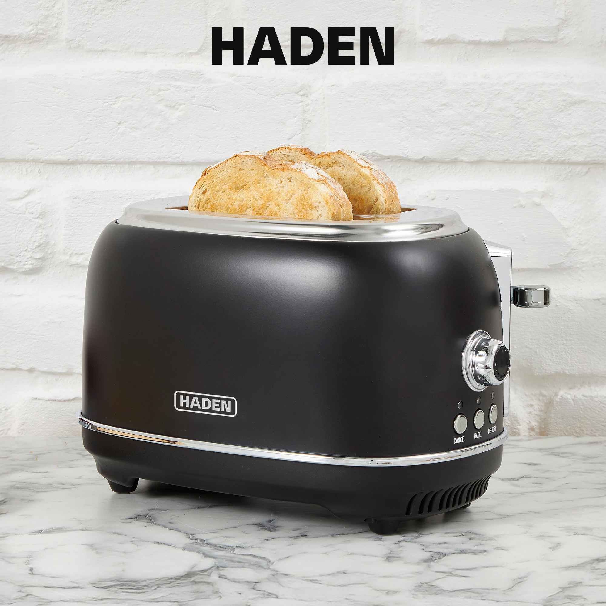Open Box Haden Heritage 2 Slice Wide Slot Toaster w/Crumb Tray, Black/Chrome