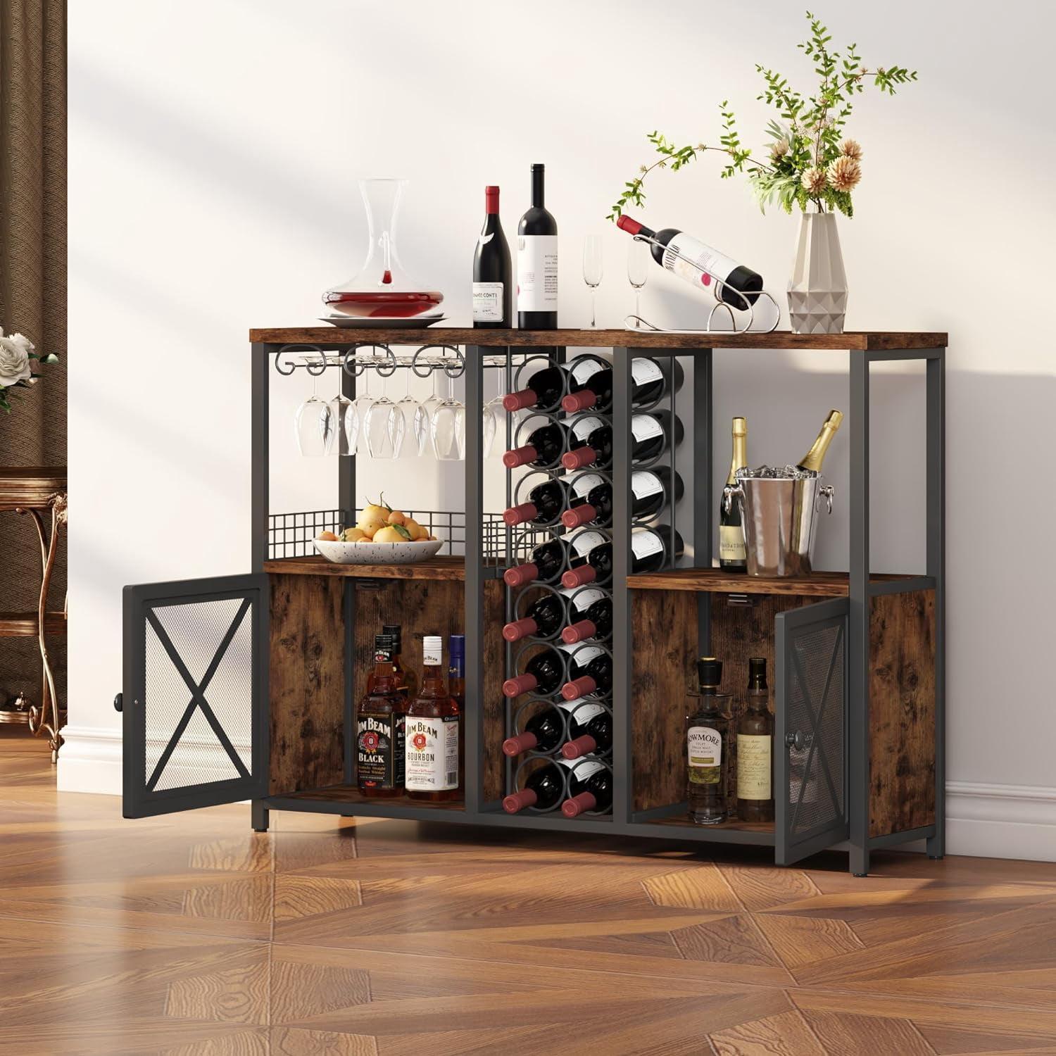 Mini Bars for Home, Wooden Coffee Bar Cabinet, Modern Liquor Cabinet for Liquor and Glasses, Farmhouse Buffet Wine Bar Cabinet with Storage Sideboard for Home Kitchen Dining Room