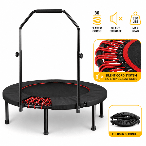 CZBZ 40" Fitness Rebounder Trampoline for Adults, Foldable Mini Exercise Trampoline with 3-Level Adjustable Handle Bar, Silent Bungee System, Foldable Indoor/ Outdoor Workout Springless Trampoline