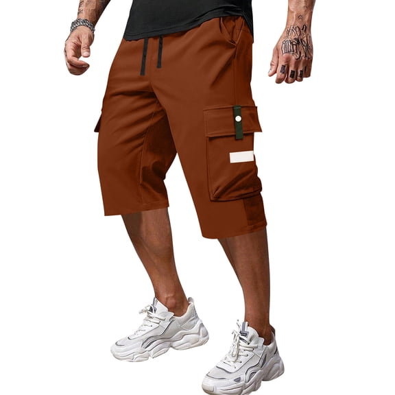 Capri Long Twill Cargo Shorts for Men Knee Length Elastic Waist Shorts Multi-Pocket Big and Tall 3/4 Pants Outdoor Quick Dry Breathable Hiking Fishing Cargo Shorts,Red M