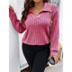 thumbnail image 4 of Suéter de Punto Informal de Talla Grande para Mujer, Cuello en V, Solapa, Color Liso, Camisa de Larga. Rosa 4XL, 4 of 8