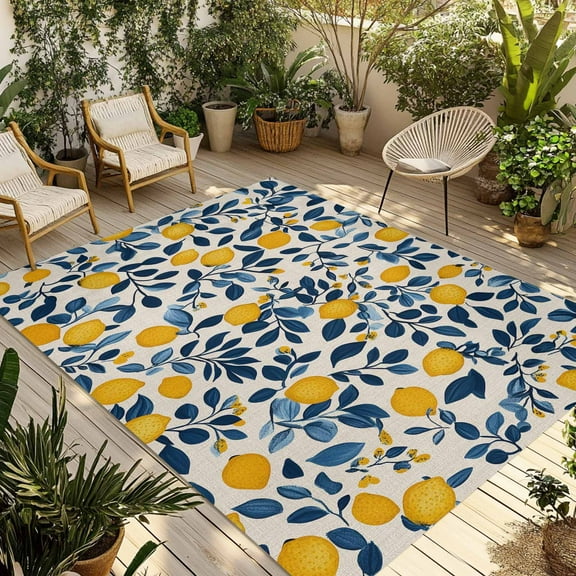 Fsddascl Lemon Summer Outdoor Rug for Patio/Deck/Porch, Non-Slip Large Area Rug 5 x 8 Ft, Spring Pastoral Watercolor Fruit Leaf Indoor Outdoor Rugs Washable Area Rugs, Reversible Camping Rug Carpet