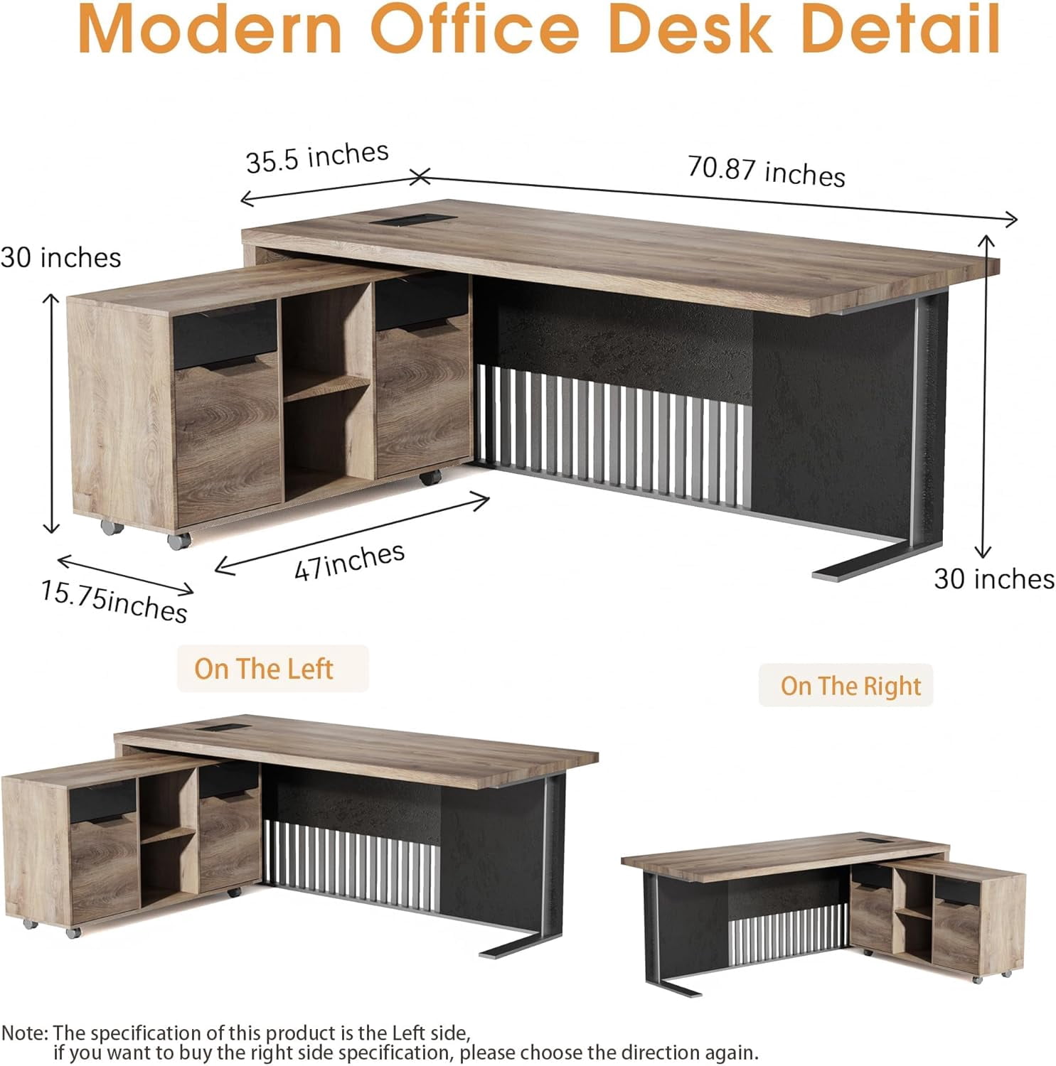 70.87 inch L Shaped Executive Desk with Cable Box 2 Drawers File Cabinets Storage(Left )